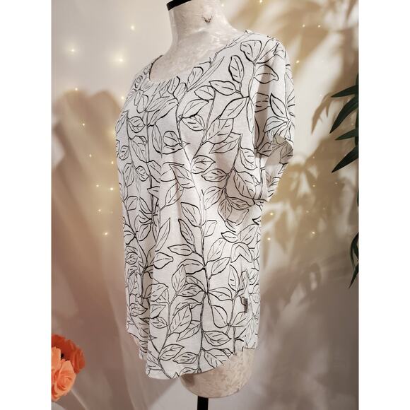 Orvis Womens Leaf Botanical Print Linen Scoop Neck Cap Sleeve Top Size M White - Picture 2 of 11